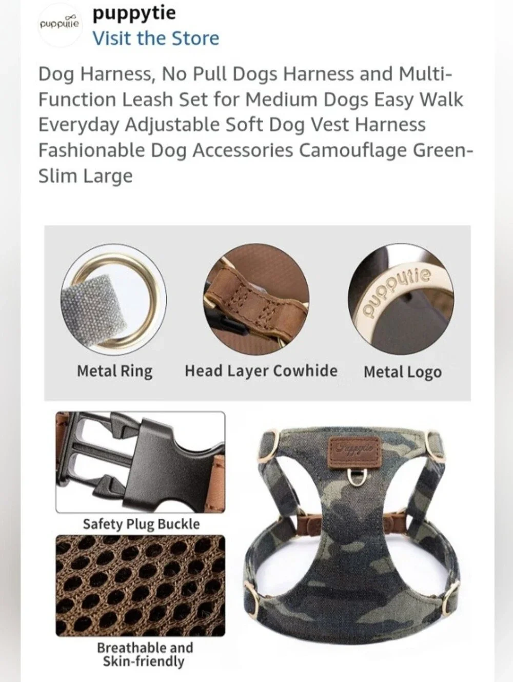 Puppytie Camo Dog Harness and Leash Set Size Large NWT